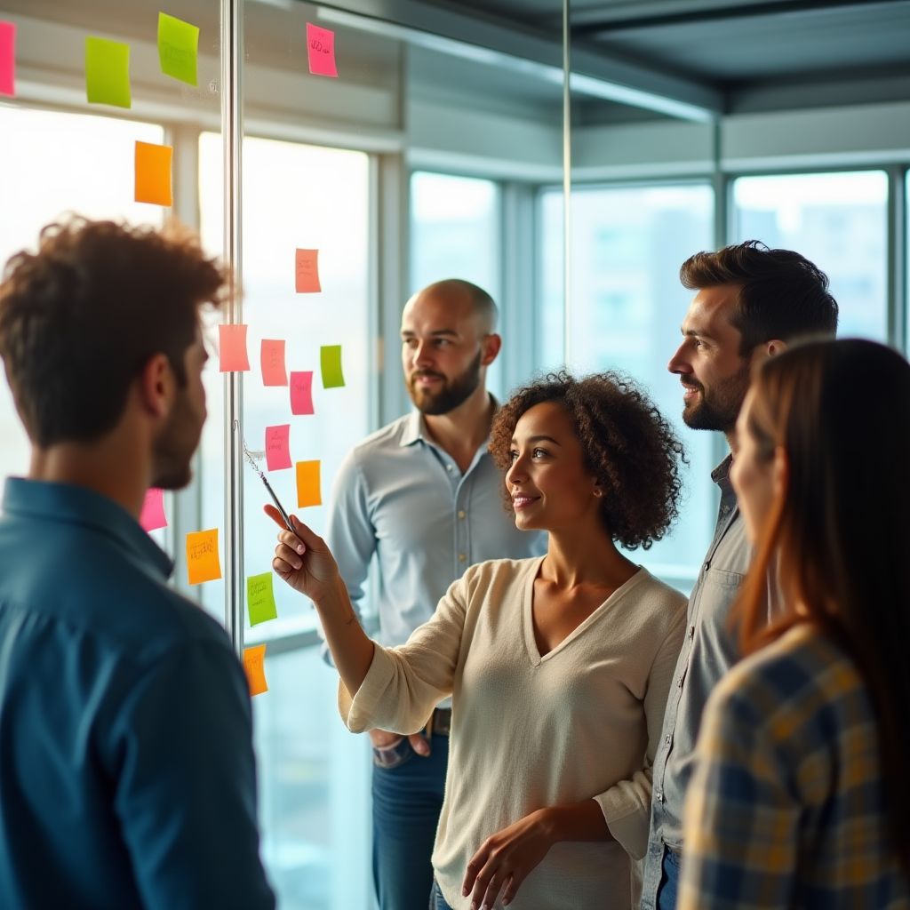 Equipo trabajando en una sesión de brainstorming.