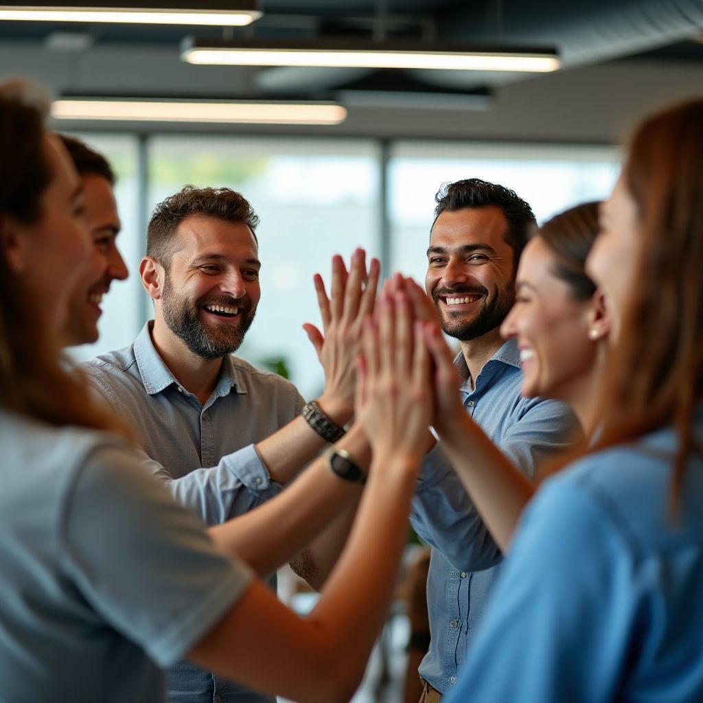 Un momento de celebración del equipo en la oficina.