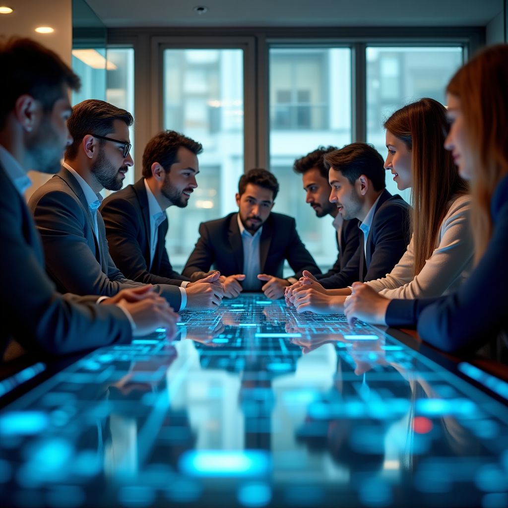 Equipo de expertos analizando gráficos de criptomonedas en una oficina moderna.
